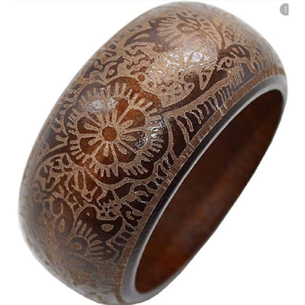 Flower Plant Wood Bangle, Round Wooden Bangle, Scandinavian